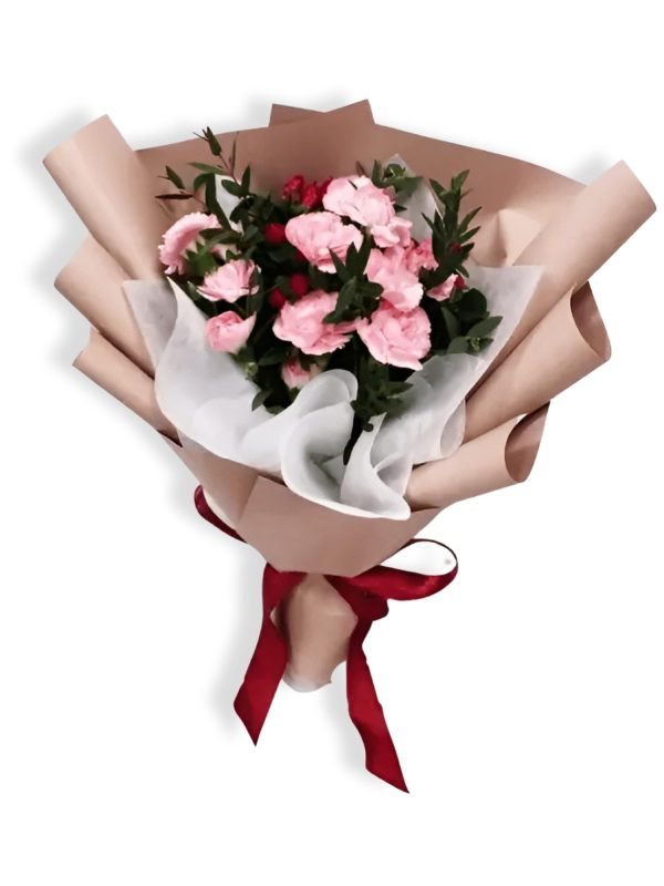 Carnations spray and Red Hypericum Berries in Pink Wrapping C09 1 jpg